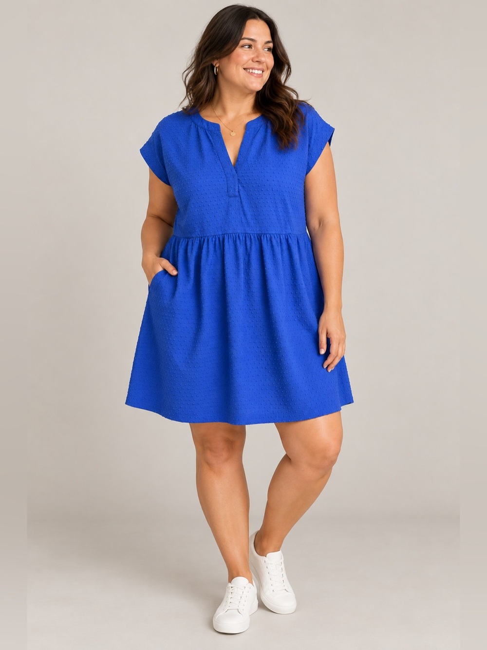 LOFT Cobalt Blue Swiss Dot Textured V Neck Dress Size Large